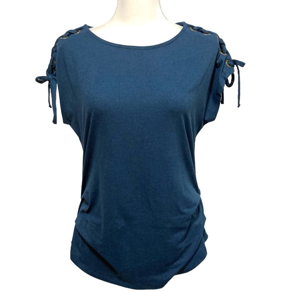 A.U.W. Top Blouse Size Small Blue Short Sleeve Knit Bow Tie Shoulder - Picture 1 of 14